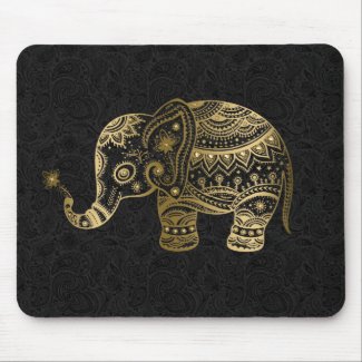 Gold Floral Elephant Black Background Mouse Pad