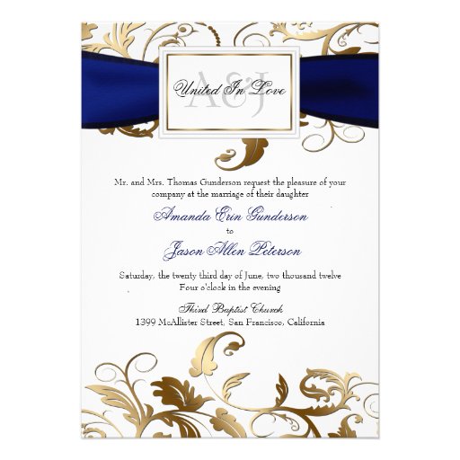 Gold Floral Invite with Navy Bow