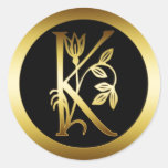 GOLD FLORAL MONOGRAM LETTER K ROUND STICKER