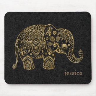 Gold Floral paisley Elephant Illustration Mouse Pad