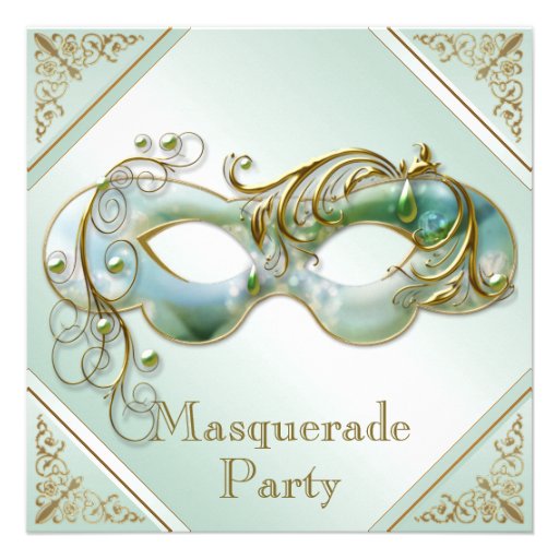 Gold Flourishes Mask Masquerade Party Mint Green Custom Announcement