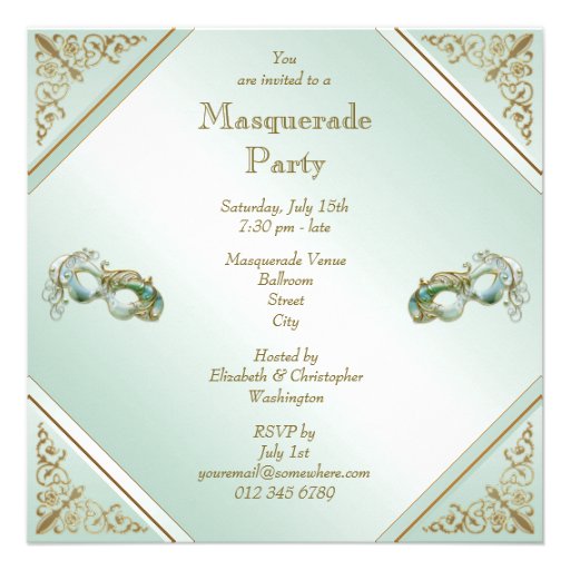 Gold Flourishes Mask Masquerade Party Mint Green Custom Announcement