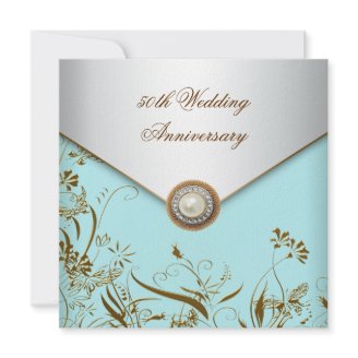 Gold Flower Pearl Teal 50th Wedding Anniversary Announcements