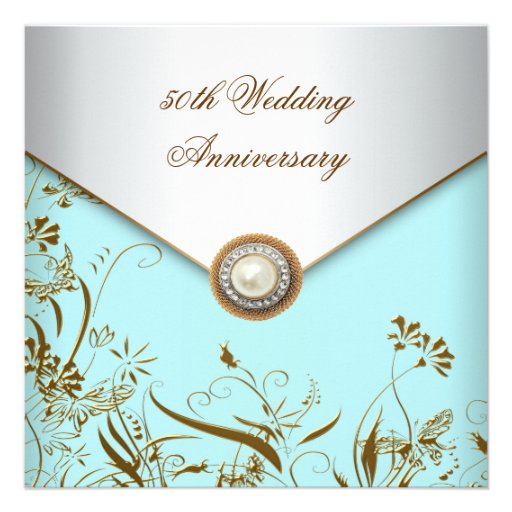 Gold Flower Pearl Teal 50th Wedding Anniversary Announcements