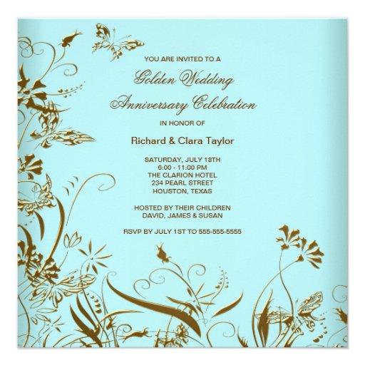 Gold Flower Pearl Teal 50th Wedding Anniversary Announcements