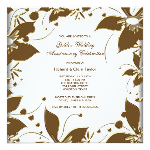 Gold Flower Pearl White 50th Wedding Anniversary Custom Announcement