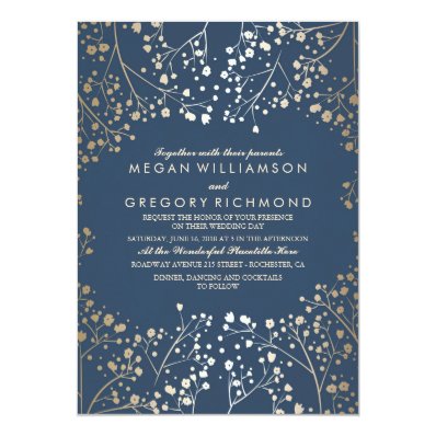 Gold Foil Effect Navy Baby's Breath Wedding 5x7 Paper Invitation Card