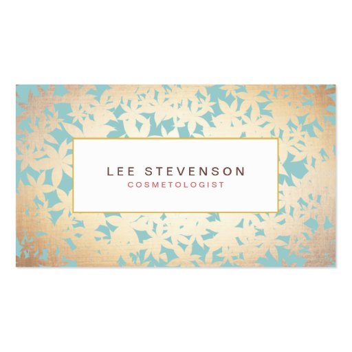 Gold Foil Look and Turquoise Floral Pattern Business Cards (front side)