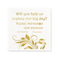 Gold foil scroll leaf hashtag floral wedding paper napkins