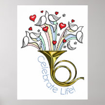Gold French Horn, Doves, Hearts, Celebrate Life Print