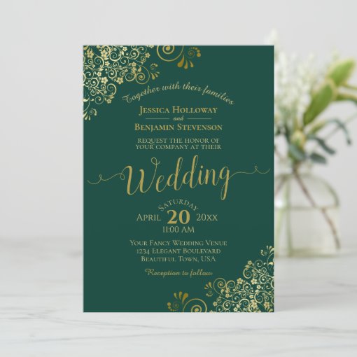 Gold Frills Elegant Emerald Green Wedding Invitation Zazzle