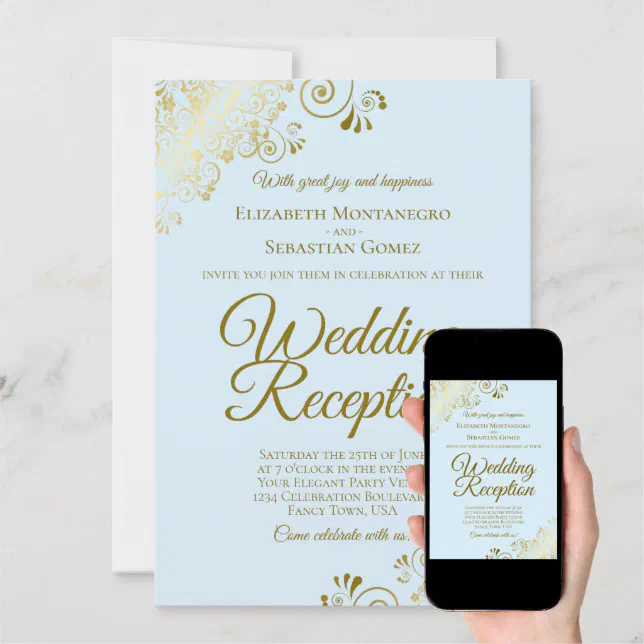 Gold Frills Pale Blue Elegant Wedding Reception Invitation Zazzle