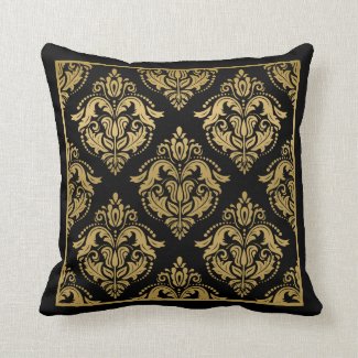 Gold Geometric Damask Frame On Black Throw Pillow