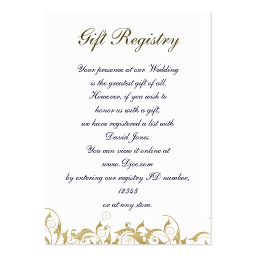 gold Gift registry  Cards Business Card Template (front side)