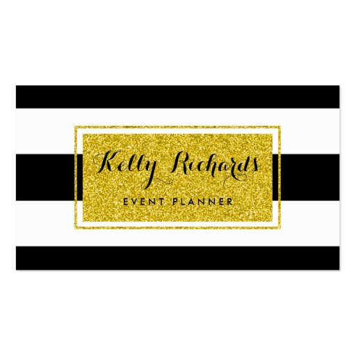 Gold Glamor Black White Stripes Business Card (front side)