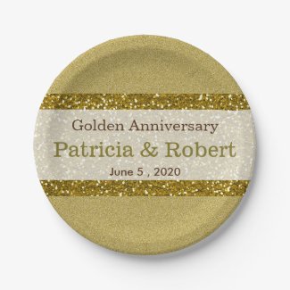 Gold Glitter 50th Golden Wedding Anniversary 7 Inch Paper Plate