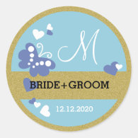       Gold Glitter And Blue Butterfly Wedding Monogram Classic Round Sticker    Gold Glitter And Blue Butterfly Wedding Monogram Classic Round Sticker