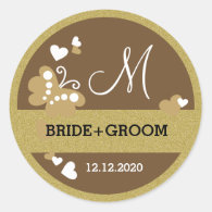       Gold Glitter And Brown Butterfly Wedding Monogram Classic Round Sticker    Gold Glitter And Brown Butterfly Wedding Monogram Classic Round Sticker