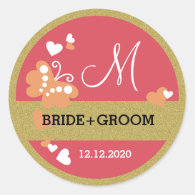       Gold Glitter And Coral Butterfly Wedding Monogram Classic Round Sticker    Gold Glitter And Coral Butterfly Wedding Monogram Classic Round Sticker