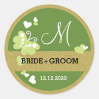      Gold Glitter And Green Butterfly Wedding Monogram Classic Round Sticker    Gold Glitter And Green Butterfly Wedding Monogram Classic Round Sticker