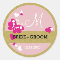       Gold Glitter And Pink Butterfly Wedding Monogram Classic Round Sticker    Gold Glitter And Pink Butterfly Wedding Monogram Classic Round Sticker