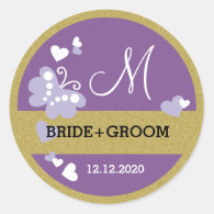       Gold Glitter And Purple Butterfly Wedding Monogram Classic Round Sticker    Gold Glitter And Purple Butterfly Wedding Monogram Classic Round Sticker