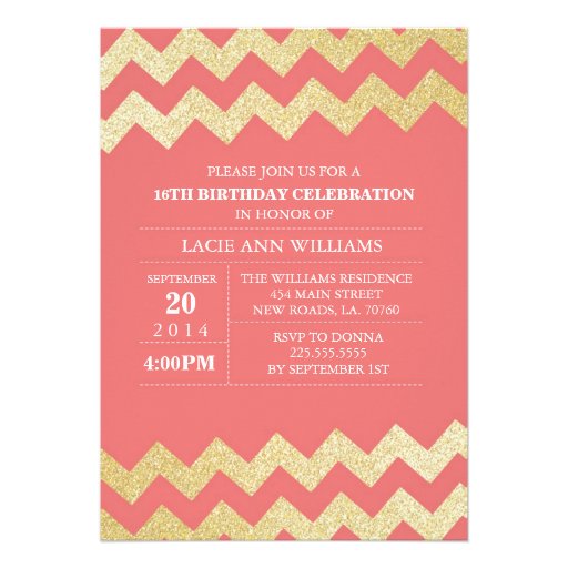 Gold Glitter Chevron Birthday Party | Coral Personalized Announcement