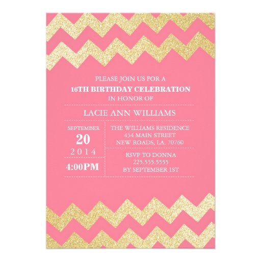 Gold Glitter Chevron Birthday Party | Pink Invite