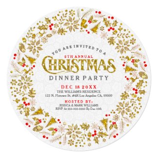 Gold Glitter Christmas Wreath Dinner Invite