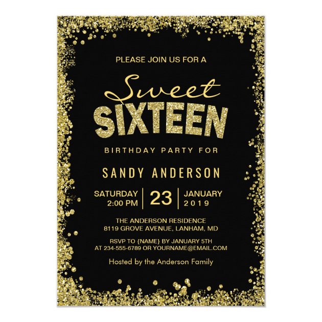 Gold Glitter Confetti | Sweet 16 Sixteen Birthday Card (front side)