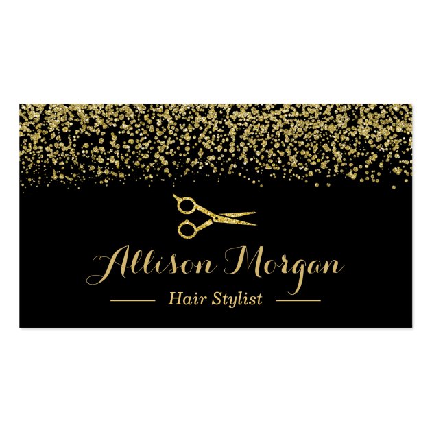 Gold Glitter Hair Stylist Scissors Appointment Business Card (front side)