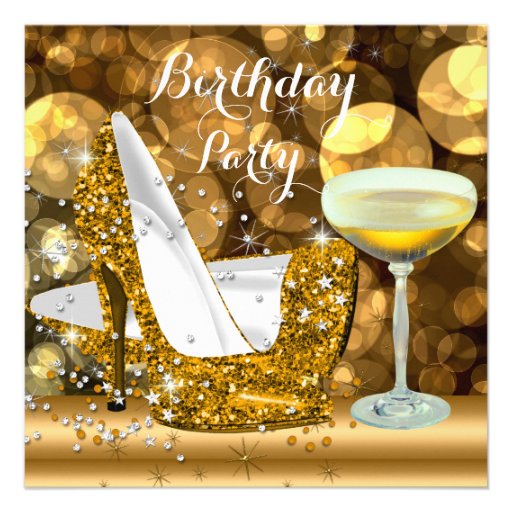 Gold Glitter High Heels Champagne Birthday Party Announcement