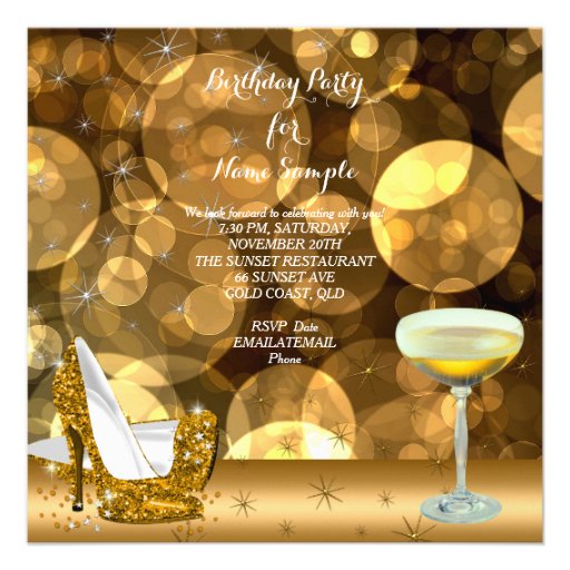 Gold Glitter High Heels Champagne Birthday Party Announcement