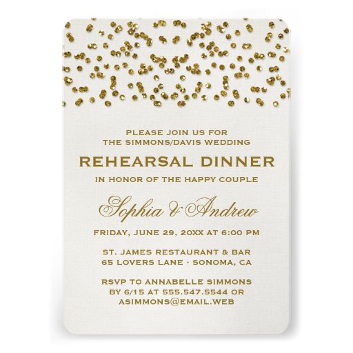 Gold Glitter Look Confetti Rehearsal Dinner Invite
