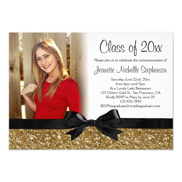 Gold Glitter-look Ribbon Bow Photo Graduation 5x7 Paper Invitation Card (front side)
