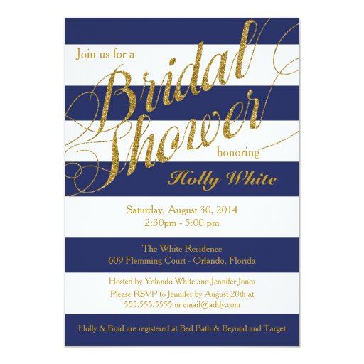 Gold Glitter & Navy Blue Stripe Shower Invitation