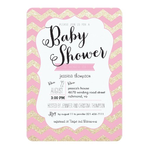 Gold Glitter & Pink Chevron Baby Shower Invite