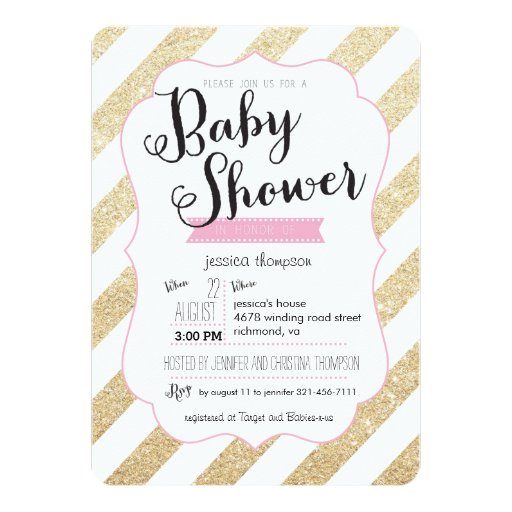 Gold Glitter & Pink Stripes Baby Shower Invite