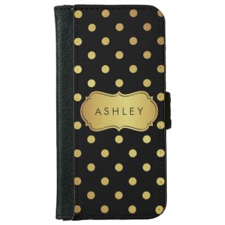 Gold Glitter Polka Dots in Black - Trendy Stylish iPhone 6 Wallet Case