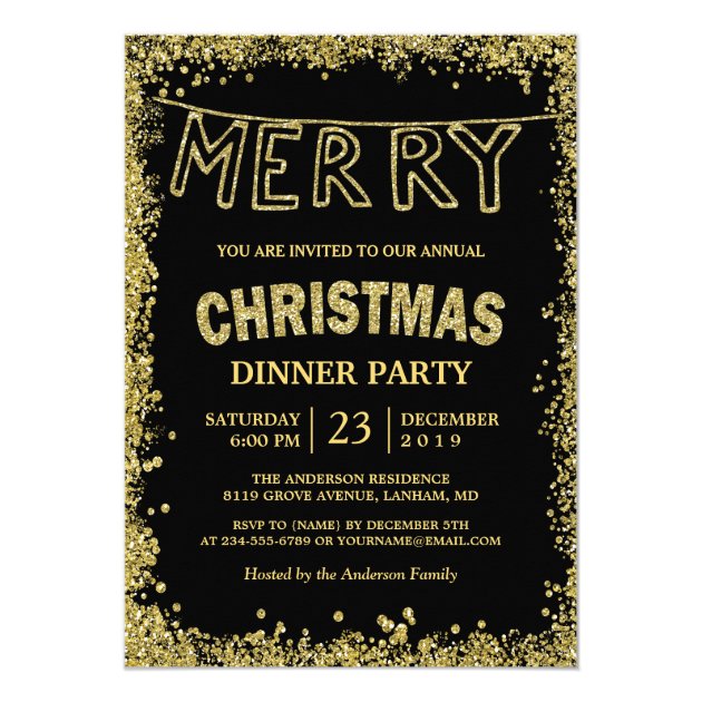 Gold Glitter Sparkles Merry Christmas Dinner Party Card (front side)