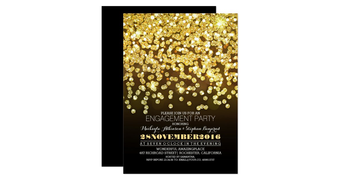 gold glitter string lights glam engagement party card Zazzle