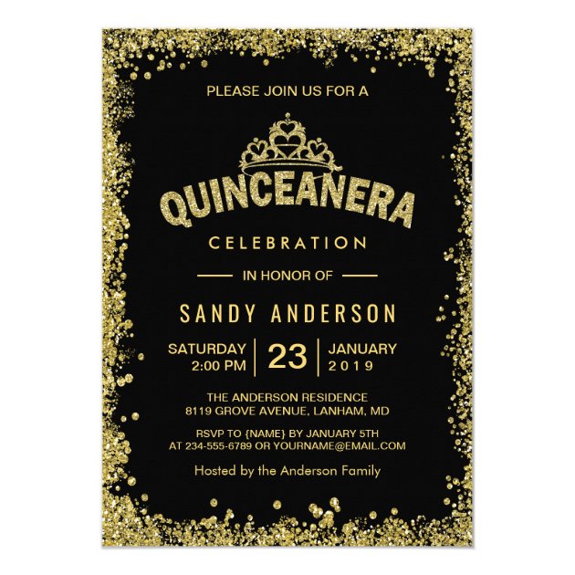 Gold Glitters Crown Quinceanera 15th Birthday Card (front side)