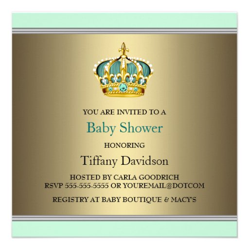 Gold Green Crown Prince Baby Boy Shower Custom Invitation