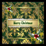 Gold Green Damask Hollyberry Christmas Template invitations