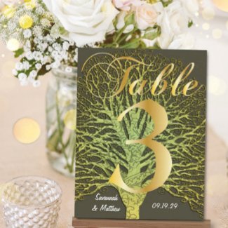 Gold Green Grey Damask Tree Table Number