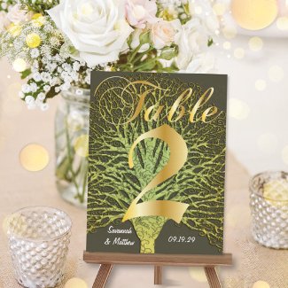 Gold Green Grey Damask Tree Table Number