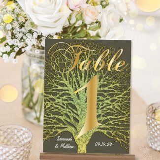 Gold Green Grey Damask Tree Table Number Post Cards