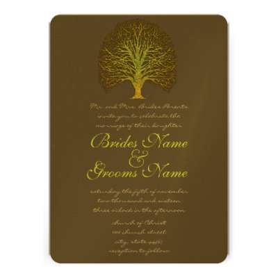 Gold Green Swirly Tree Wedding Invitation