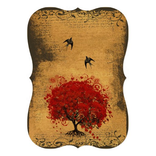 Gold Heart Leaf Red Tree Vintage Birds Wedding Announcement