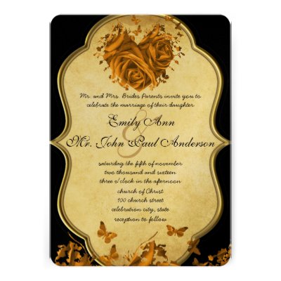 Gold Heart Roses & Butterflies Wedding Invitation